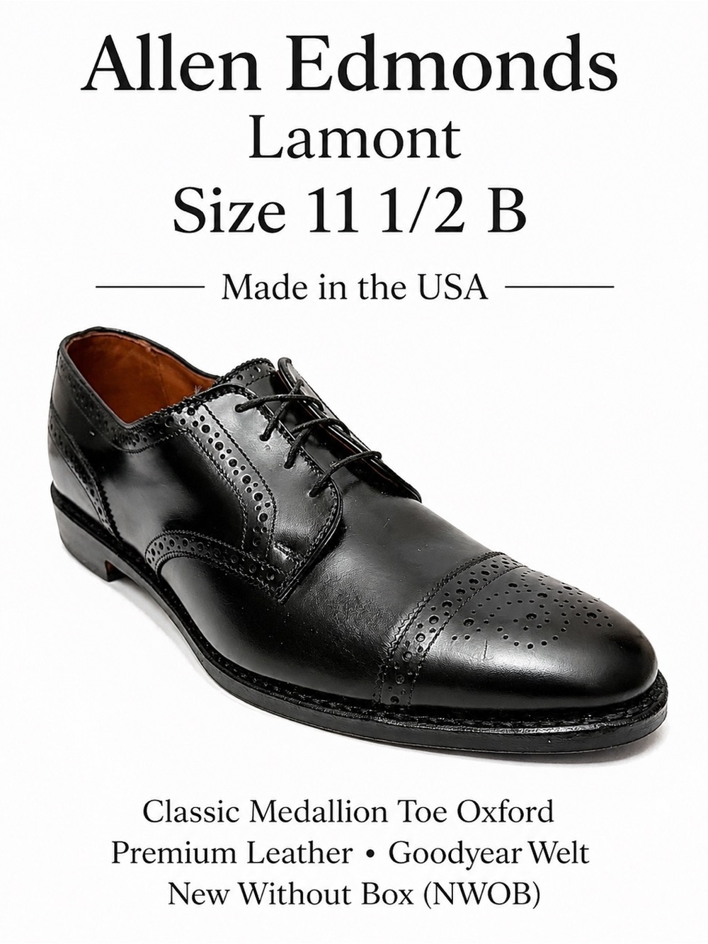 Allen Edmonds Lamont Medallion Toe Black Dress Shoes 11.5B NWOB Narrow